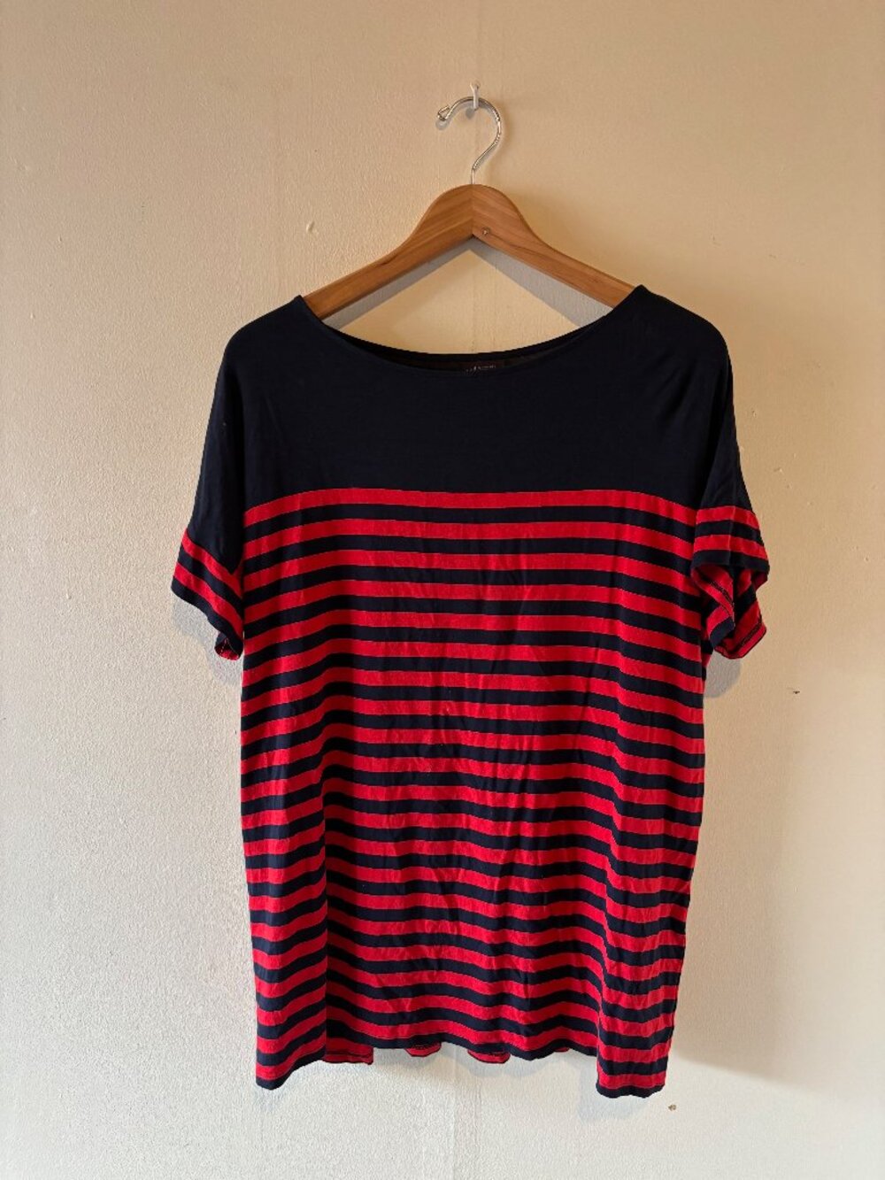 J.Jill navy and red striped boat-neck top, short sleeves a nautical/breton-style